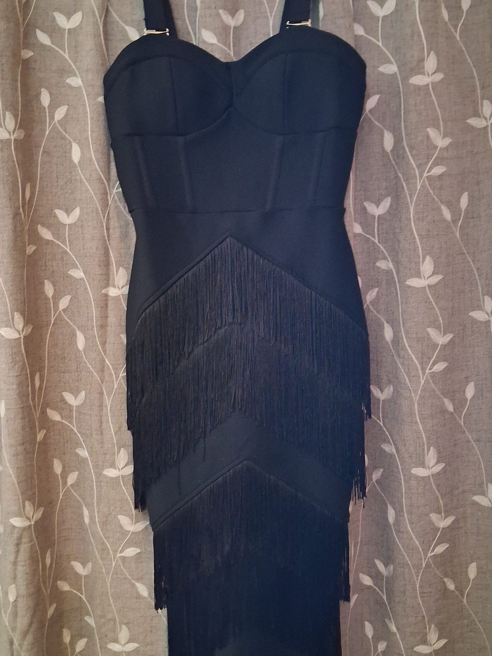 Hollywoodland Black Fringe Bodycon Dress with Adjustable Straps